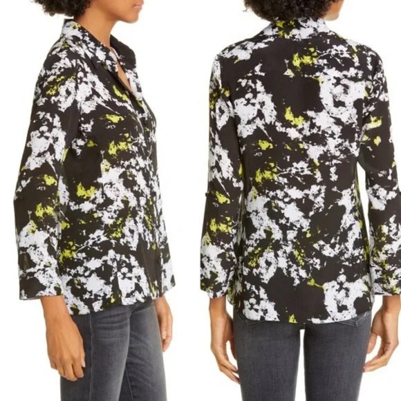 Alice + Olivia Ink Cal Button-Up Ink Blot Print Silk Shirt In Divine Opal - Picture 8 of 8